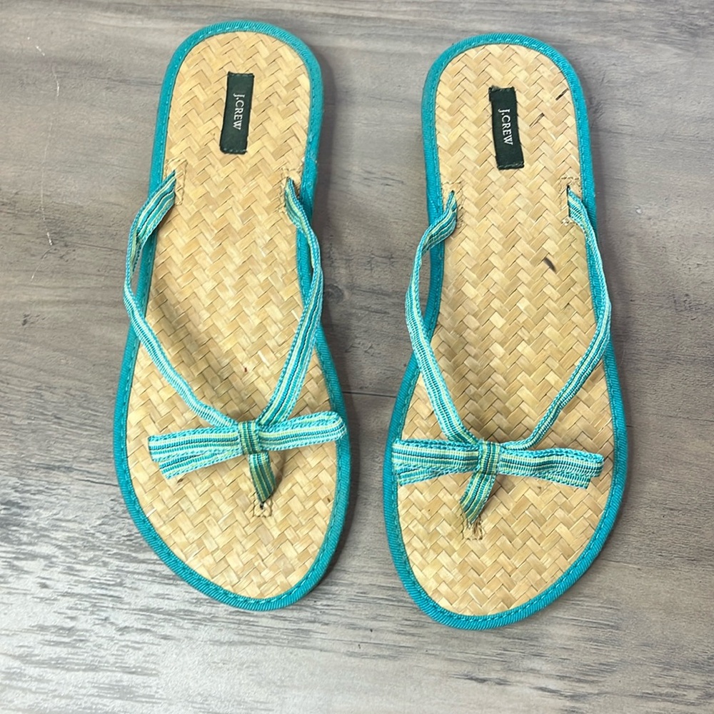 J Crew Grass Cloth and Teal Cotton Bow Flip Flops